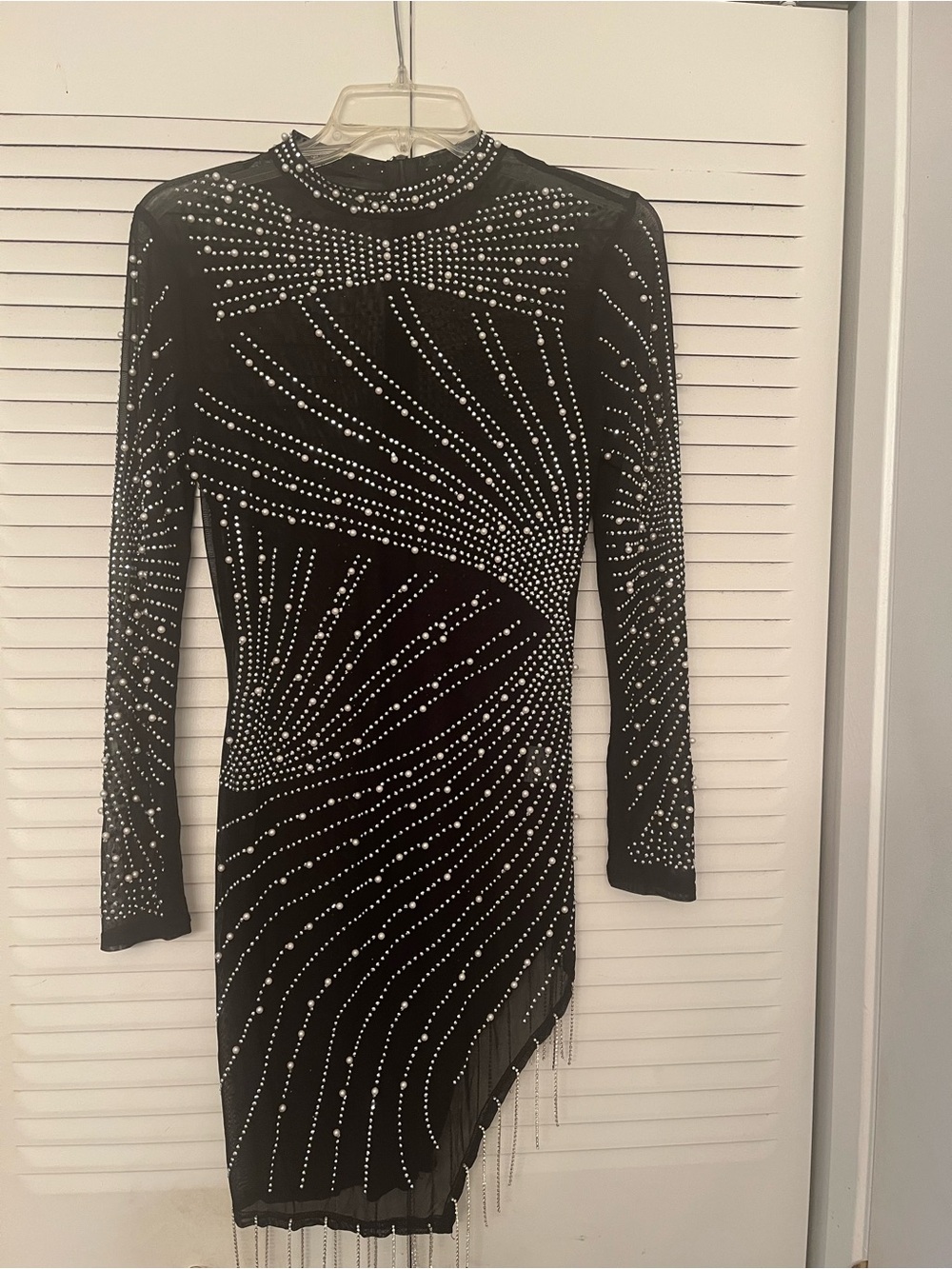 Black Long-Sleeve Faux Rhinestone Bodycon Dress